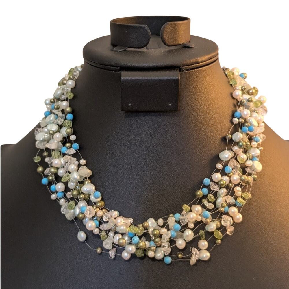 Multi-Strand Pearl Peridot Quartz Turquoise Bead 17"-19" 925 Sterling Necklace